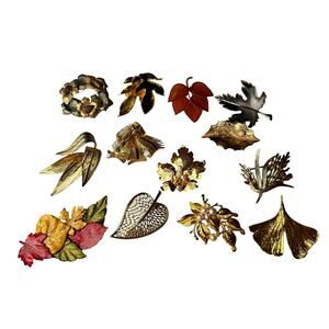 Vintage Lot (12) Leaves Brooches Pins Coro Tara Amber Ginkgo Gold Silver Nature